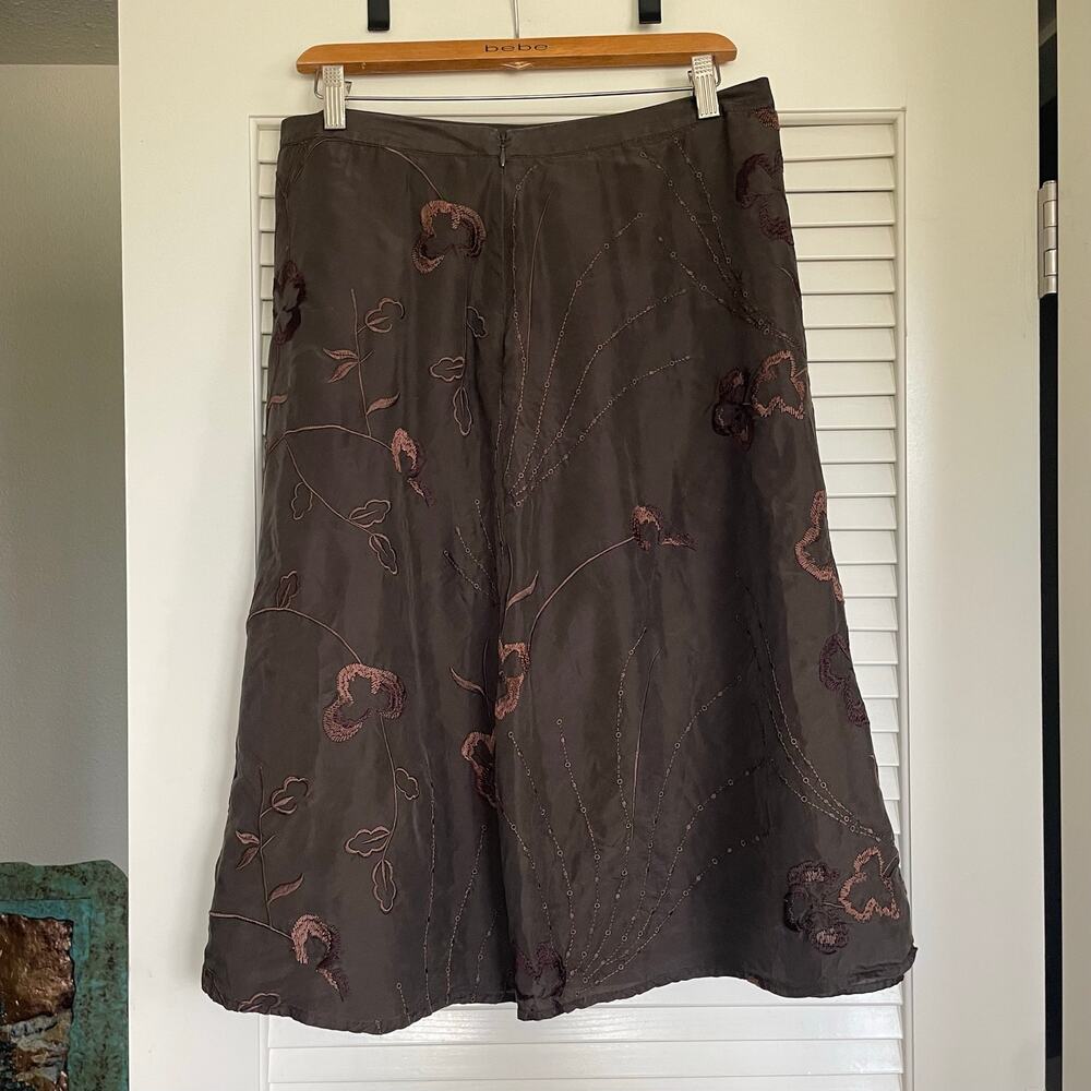 Vintage 90s Liz Claiborne Brown Silk Whimsigoth Embroidered Floral Midi Skirt 10 - Picture 4 of 6
